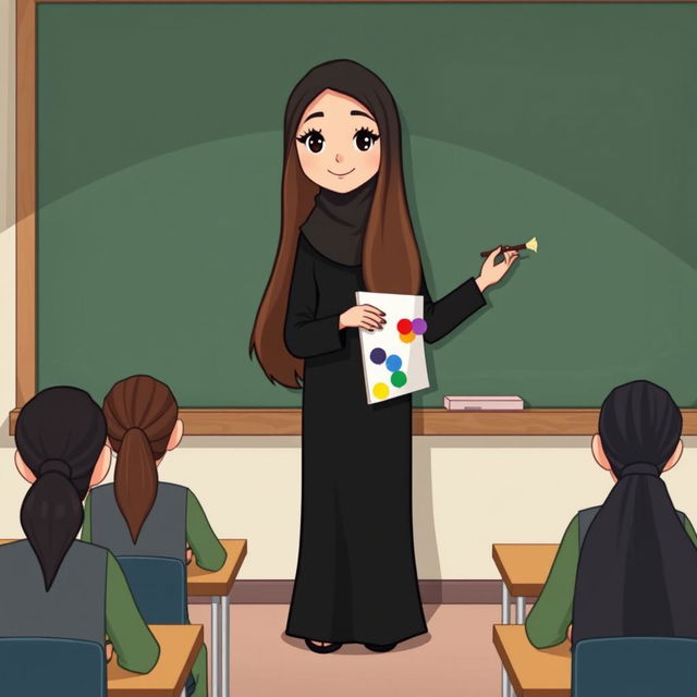 A cartoon image of a teacher with very long, smooth, flowing hair standing beside a blackboard