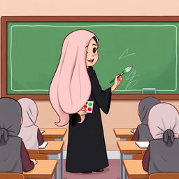 A cartoon image of a teacher with very long, smooth, flowing hair standing beside a blackboard