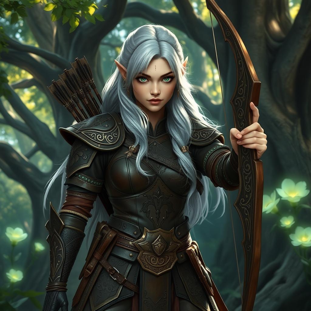 A female elf fighter in an epic fantasy setting, wearing intricately detailed leather armor adorned with glowing runes