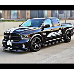 A custom 2015 Ram 1500 Express featuring a sleek body kit and a lowered stance, showcasing its sporty design