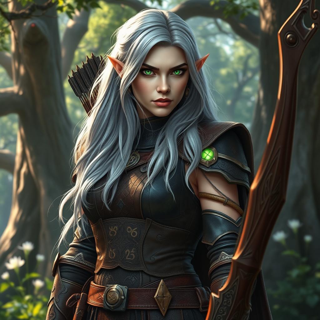 A female elf fighter in an epic fantasy setting, wearing intricately detailed leather armor adorned with glowing runes