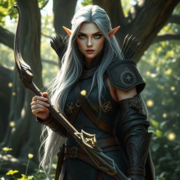 A female elf fighter in an epic fantasy setting, wearing intricately detailed leather armor adorned with glowing runes