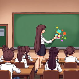 A cartoon image of a teacher with very long, smooth, flowing hair standing beside a blackboard