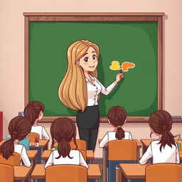 A cartoon image of a teacher with very long, smooth, flowing hair standing beside a blackboard