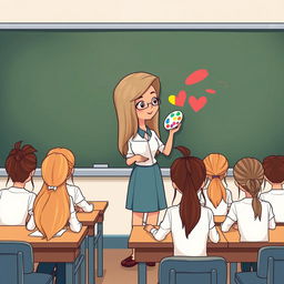 A cartoon image of a teacher with very long, smooth, flowing hair standing beside a blackboard