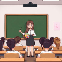 A cartoon image of a teacher with very long, smooth, flowing hair standing beside a blackboard