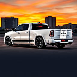 A 2023 RAM 1500 pickup truck, featuring a sleek body kit that enhances its aggressive stance, lowered to give a sporty appearance