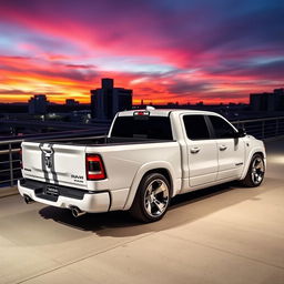 A 2023 RAM 1500 pickup truck, featuring a sleek body kit that enhances its aggressive stance, lowered to give a sporty appearance