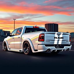 A 2023 RAM 1500 pickup truck, featuring a sleek body kit that enhances its aggressive stance, lowered to give a sporty appearance