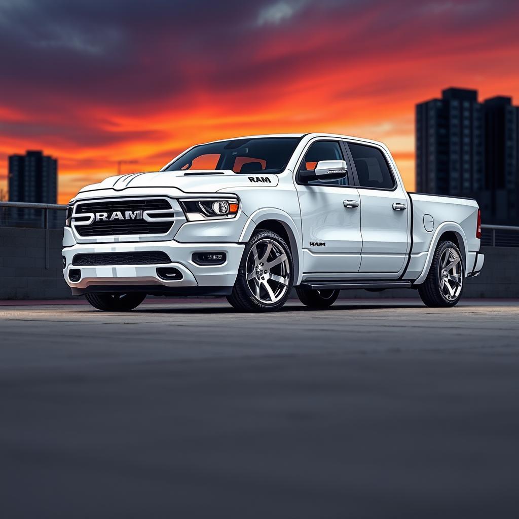 A 2023 RAM 1500 pickup truck, featuring a sleek body kit that enhances its aggressive stance, lowered to give a sporty appearance