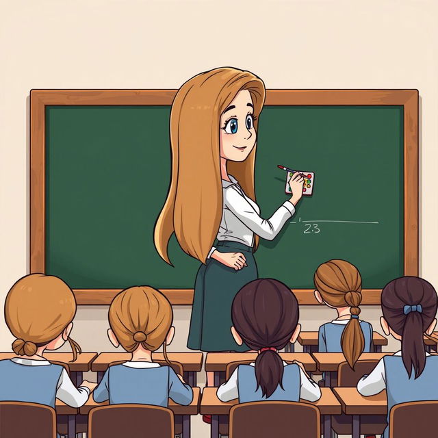 A cartoon image of a teacher with very long, smooth, flowing hair that is unbound, standing beside a blackboard