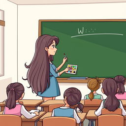 A cartoon image of a teacher with very long, smooth, flowing hair that is unbound, standing beside a blackboard