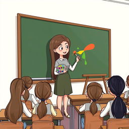 A cartoon image of a teacher with very long, smooth, flowing hair that is unbound, standing beside a blackboard