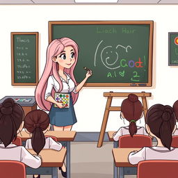 A cartoon image of a teacher with very long, smooth, flowing hair that is unbound, standing beside a blackboard