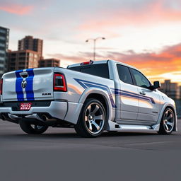 A 2023 RAM 1500 pickup truck, featuring a sleek body kit that enhances its aggressive stance, lowered to give a sporty appearance