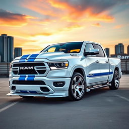 A 2023 RAM 1500 pickup truck, featuring a sleek body kit that enhances its aggressive stance, lowered to give a sporty appearance