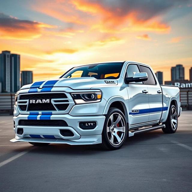 A 2023 RAM 1500 pickup truck, featuring a sleek body kit that enhances its aggressive stance, lowered to give a sporty appearance