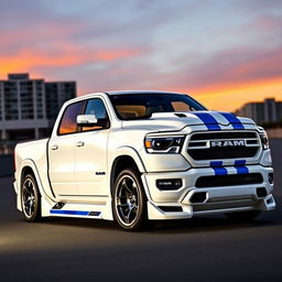 A 2023 RAM 1500 pickup truck, featuring a sleek body kit that enhances its aggressive stance, lowered to give a sporty appearance