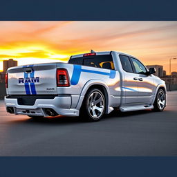 A 2023 RAM 1500 pickup truck, featuring a sleek body kit that enhances its aggressive stance, lowered to give a sporty appearance