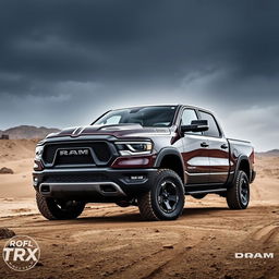 A powerful 2023 RAM 1500 TRX pickup truck, featuring a stunning and aggressive body kit that accentuates its rugged appearance, lowered to enhance its sporty profile