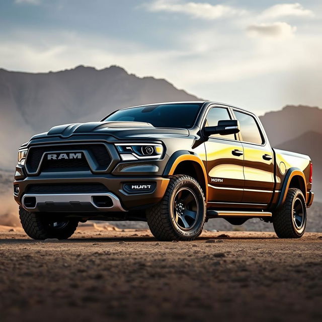 A powerful 2023 RAM 1500 TRX pickup truck, featuring a stunning and aggressive body kit that accentuates its rugged appearance, lowered to enhance its sporty profile