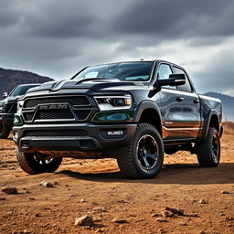 A powerful 2023 RAM 1500 TRX pickup truck, featuring a stunning and aggressive body kit that accentuates its rugged appearance, lowered to enhance its sporty profile