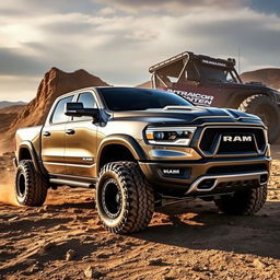 A powerful 2023 RAM 1500 TRX pickup truck, featuring a stunning and aggressive body kit that accentuates its rugged appearance, lowered to enhance its sporty profile