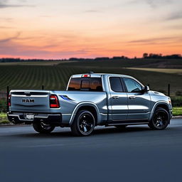 A 2023 RAM 1500 pickup truck, showcasing a dynamic body kit that enhances its bold and aggressive stance, lowered to create a sporty profile