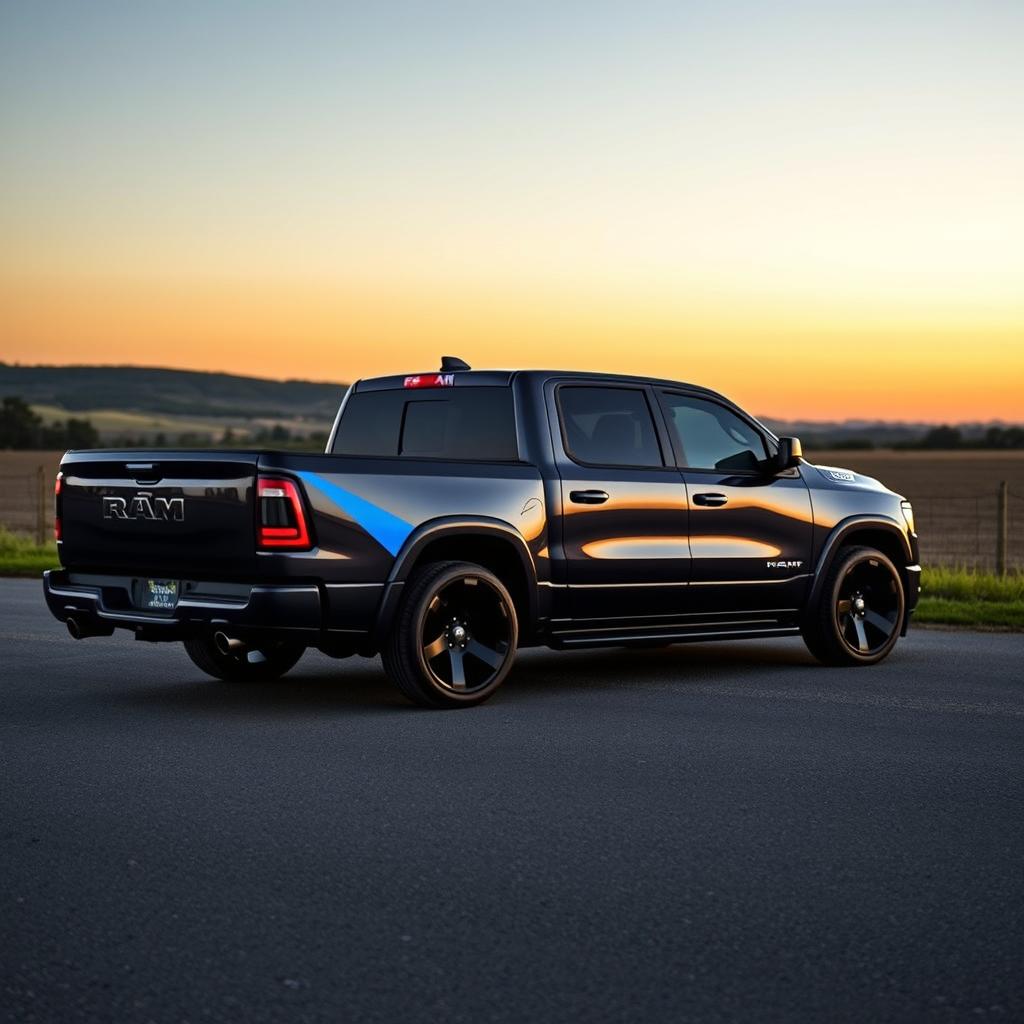 A 2023 RAM 1500 pickup truck, showcasing a dynamic body kit that enhances its bold and aggressive stance, lowered to create a sporty profile