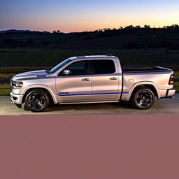 A 2023 RAM 1500 pickup truck, showcasing a dynamic body kit that enhances its bold and aggressive stance, lowered to create a sporty profile