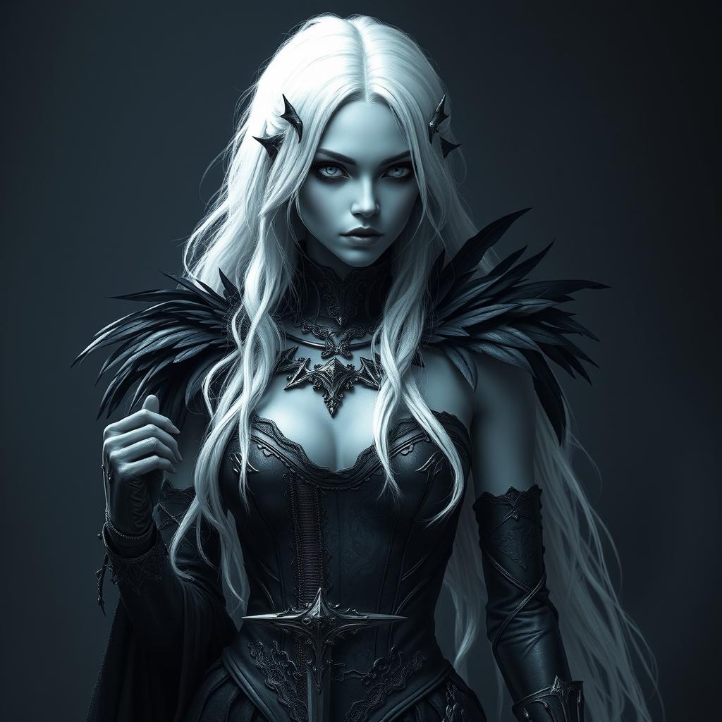 A full body shot of a female Shadar-kai, characterized by her dark eyes and striking white hair