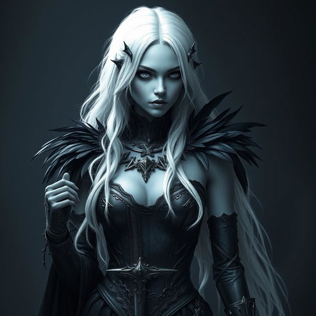 A full body shot of a female Shadar-kai, characterized by her dark eyes and striking white hair