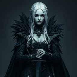 A full body shot of a female Shadar-kai, characterized by her dark eyes and striking white hair