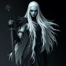 A full body shot of a female Shadar-kai, characterized by her dark eyes and striking white hair