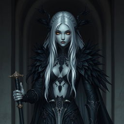 A full body shot of a female Shadar-kai, characterized by her dark eyes and striking white hair