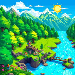 A vibrant and detailed pixel art scene depicting a fantasy landscape, featuring a lush green forest, a sparkling blue river flowing through the middle, and majestic mountains in the background