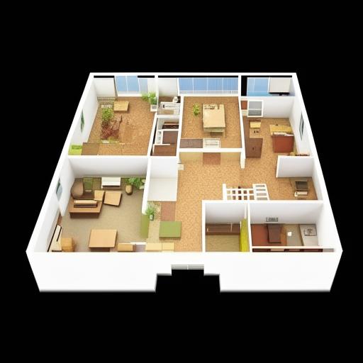 Generate a detailed map of a 1500 sq feet first floor of a house, including room layout, doors, and windows in proportionate scale.