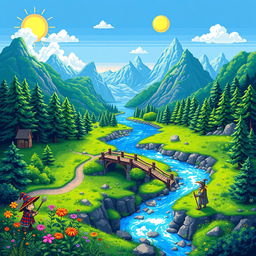 A vibrant and detailed pixel art scene depicting a fantasy landscape, featuring a lush green forest, a sparkling blue river flowing through the middle, and majestic mountains in the background