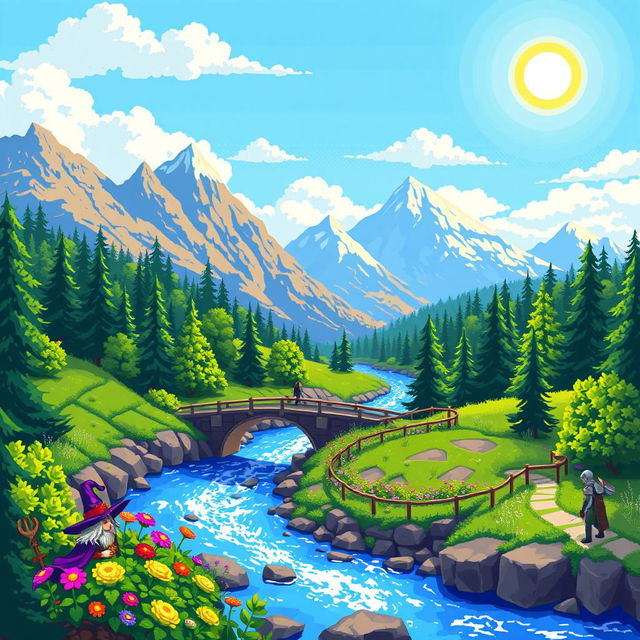 A vibrant and detailed pixel art scene depicting a fantasy landscape, featuring a lush green forest, a sparkling blue river flowing through the middle, and majestic mountains in the background