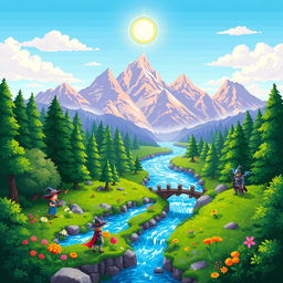 A vibrant and detailed pixel art scene depicting a fantasy landscape, featuring a lush green forest, a sparkling blue river flowing through the middle, and majestic mountains in the background