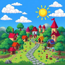 A colorful pixel art scene that is 89 pixels wide and 57 pixels tall, depicting a whimsical fantasy village