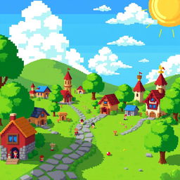 A colorful pixel art scene that is 89 pixels wide and 57 pixels tall, depicting a whimsical fantasy village