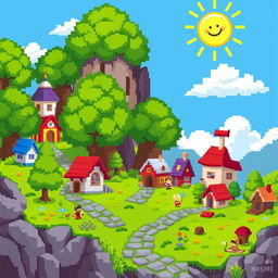 A colorful pixel art scene that is 89 pixels wide and 57 pixels tall, depicting a whimsical fantasy village