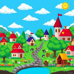 A colorful pixel art scene that is 89 pixels wide and 57 pixels tall, depicting a whimsical fantasy village