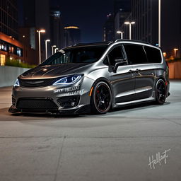 A customized 2023 Chrysler Pacifica featuring an SRT Hellcat-inspired body kit, aggressively styled for a bold and powerful look