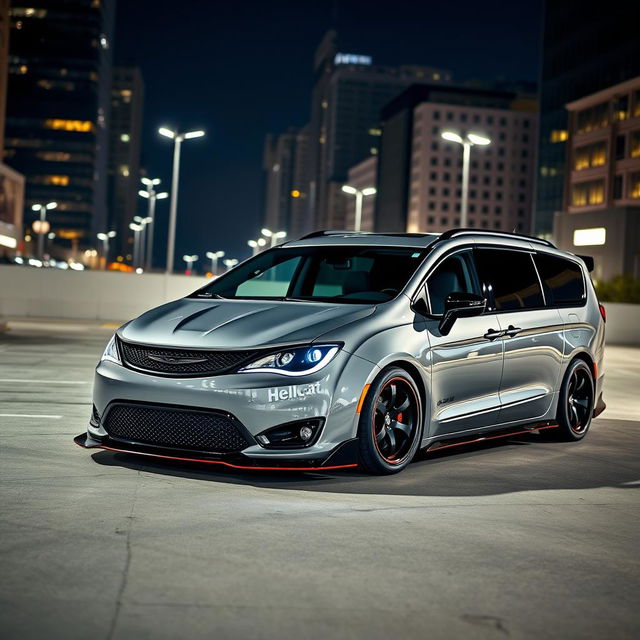 A customized 2023 Chrysler Pacifica featuring an SRT Hellcat-inspired body kit, aggressively styled for a bold and powerful look