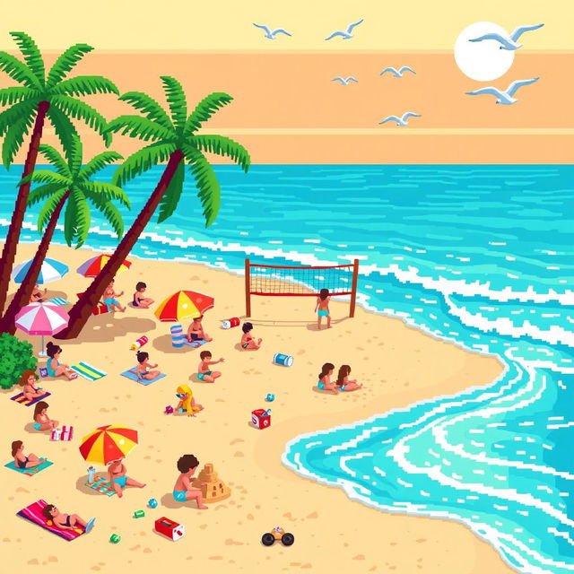 A colorful pixel art scene that is 80 pixels wide and 57 pixels tall, depicting a lively beach setting