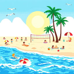 A colorful pixel art scene that is 80 pixels wide and 57 pixels tall, depicting a lively beach setting