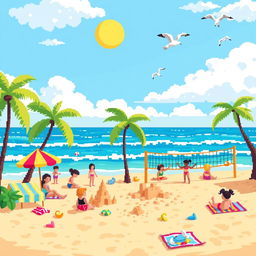 A colorful pixel art scene that is 80 pixels wide and 57 pixels tall, depicting a lively beach setting