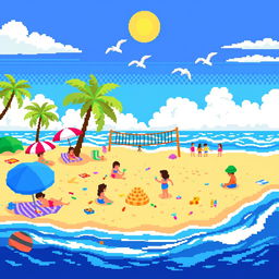 A colorful pixel art scene that is 80 pixels wide and 57 pixels tall, depicting a lively beach setting